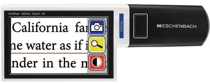 Digital magnifier displaying text with icons.