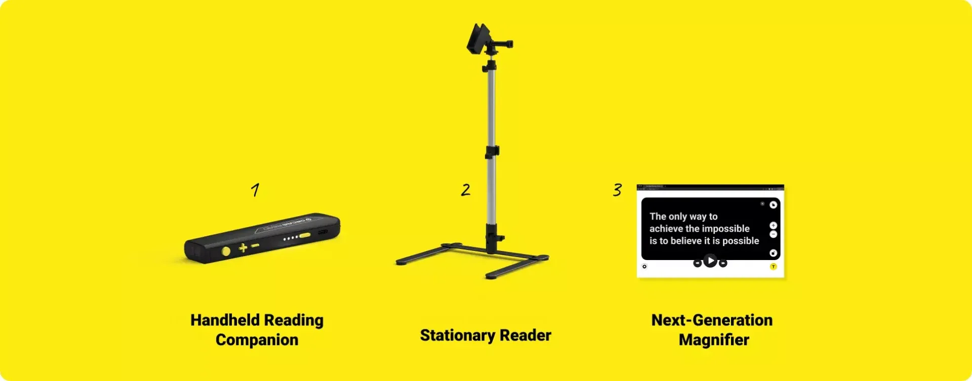 Handheld reader, stationary reader, and magnifier.