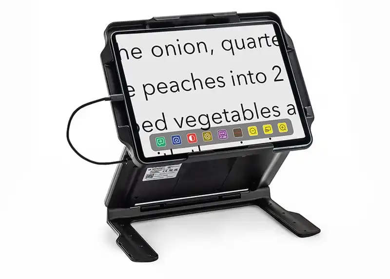 Device screen with text magnification stand.